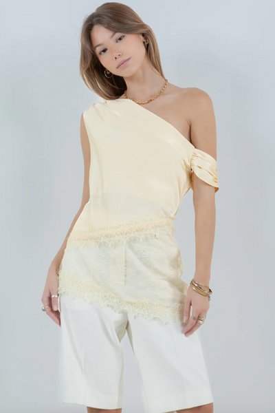 Asymmetrical One Shoulder Satin Lemon
