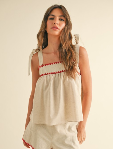 Tie Sleeve Top Line Oatmeal/ Red