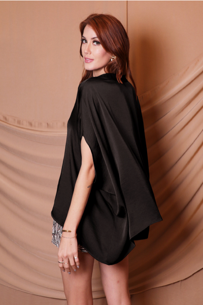 Poly Silk Double Notched Caftan Top Black