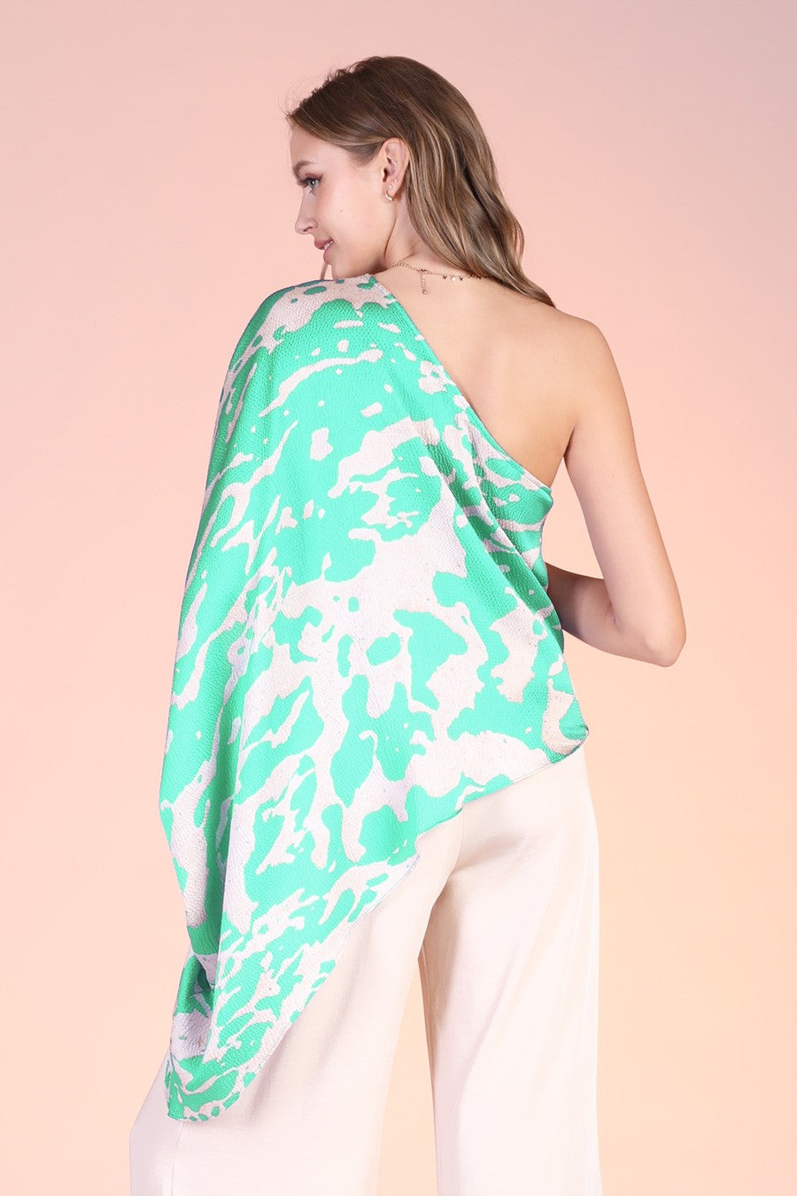 Ocean Waves Dramatic Drape One Shoulder Top Green