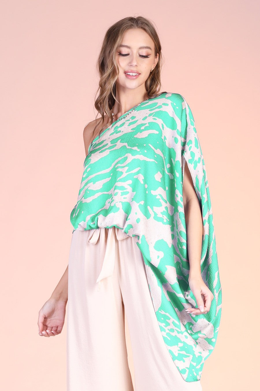 Ocean Waves Dramatic Drape One Shoulder Top Green