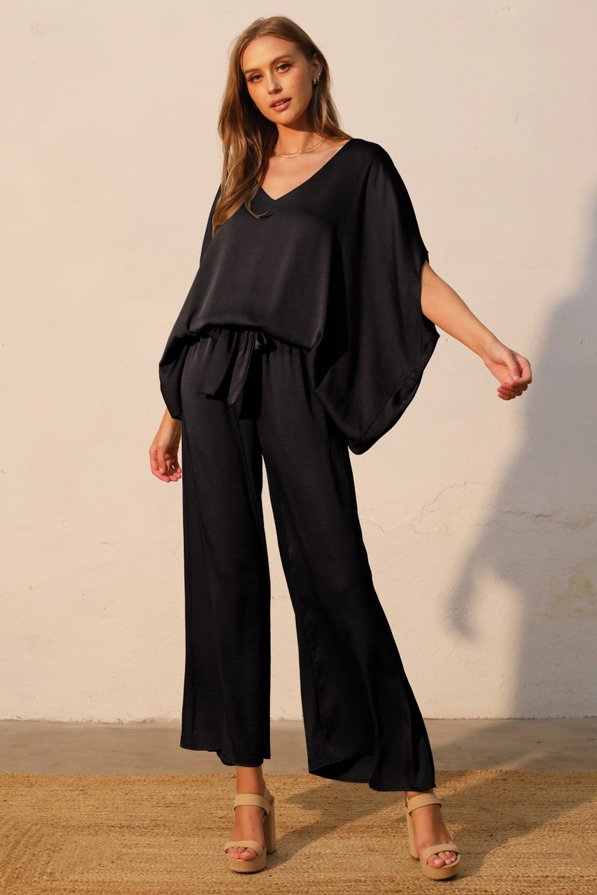 Washed Poly Silk Caftan Top with Back Band Black