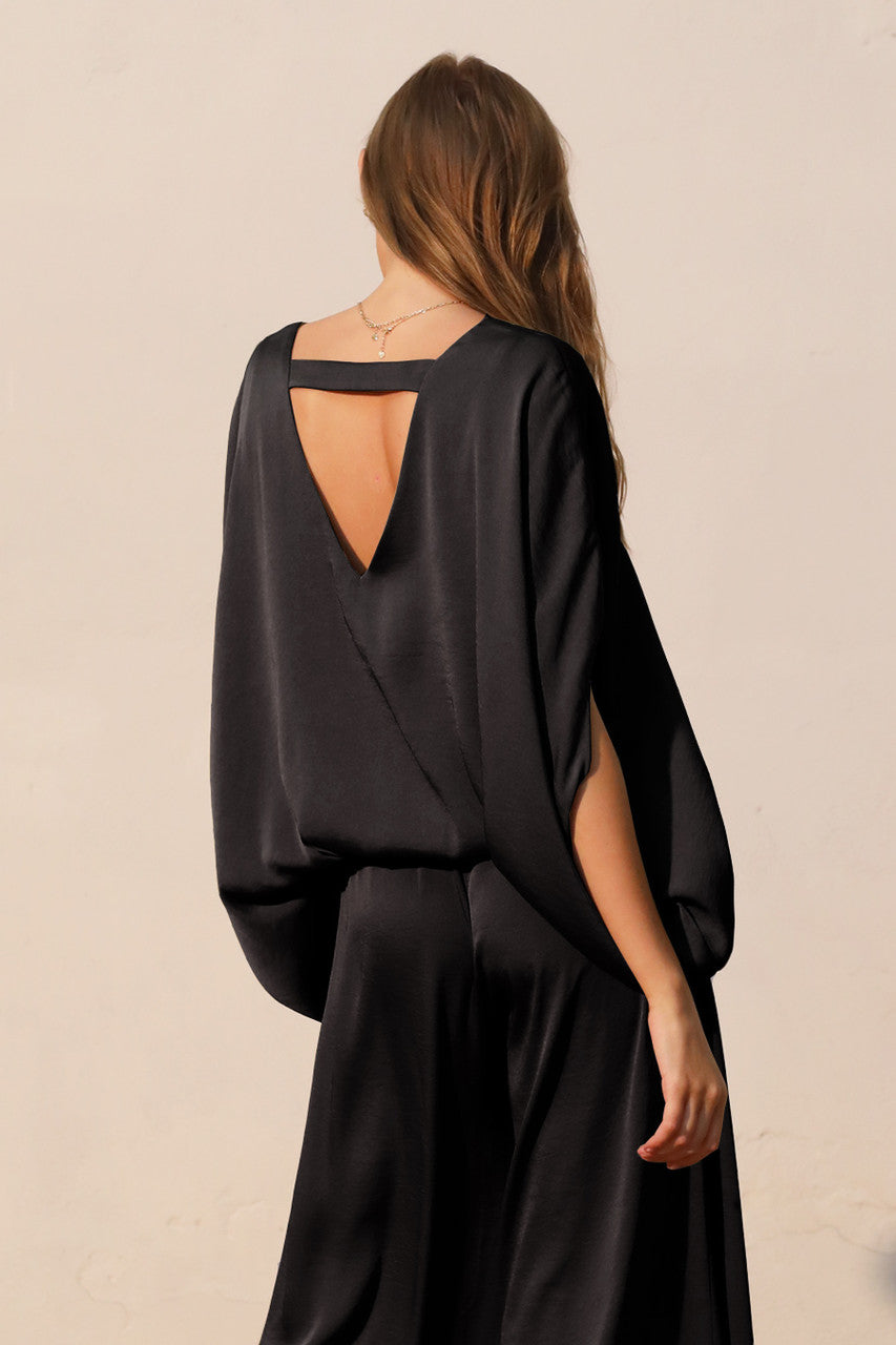 Washed Poly Silk Caftan Top with Back Band Black