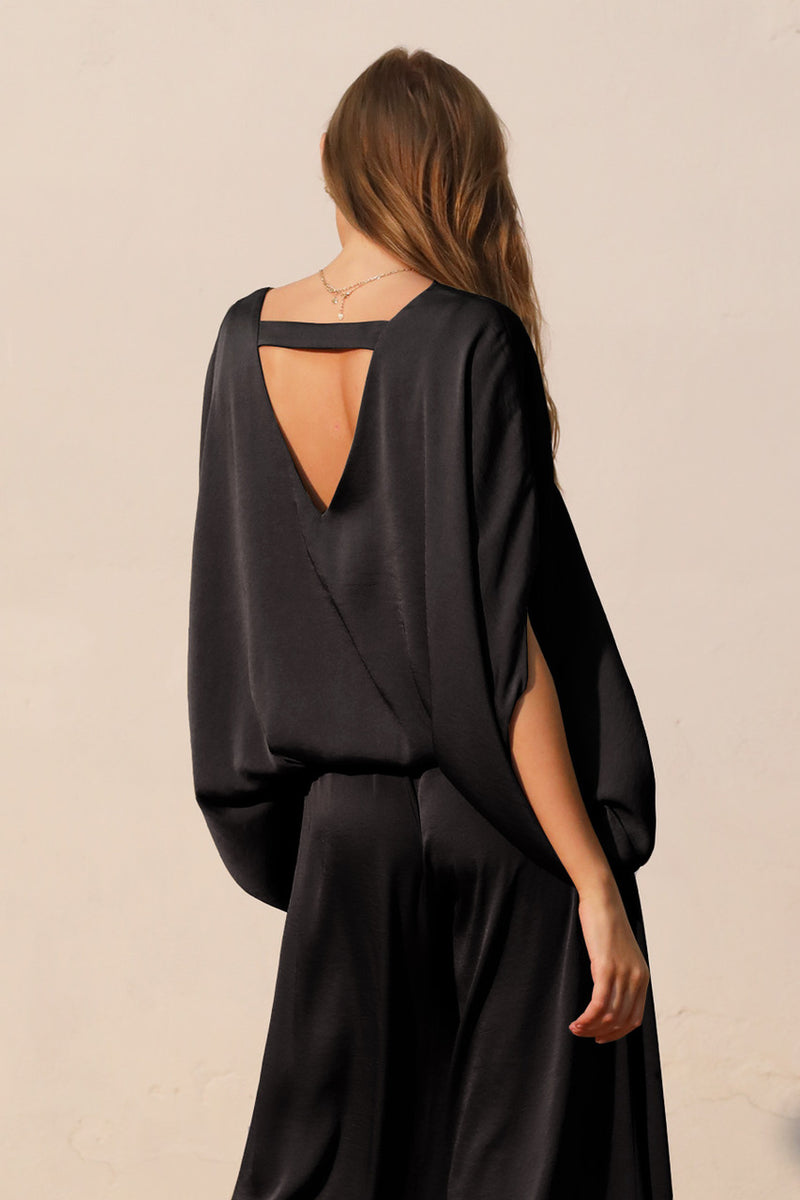 Washed Poly Silk Caftan Top with Back Band Black