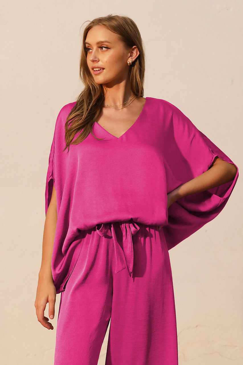 Washed Poly Silk Caftan Top with Back Band Orchid