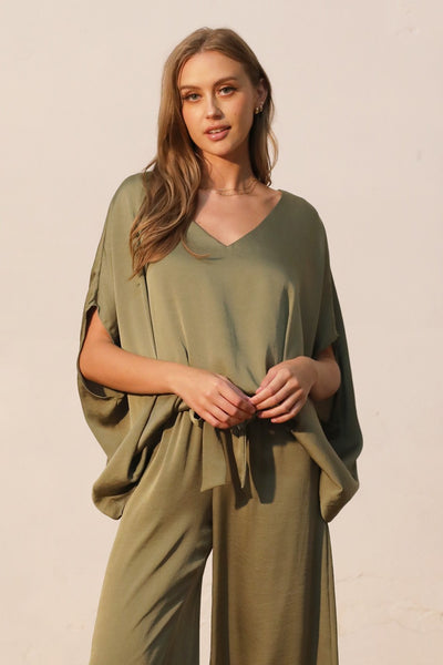 Washed Poly Silk Caftan Top with Back Band Olive