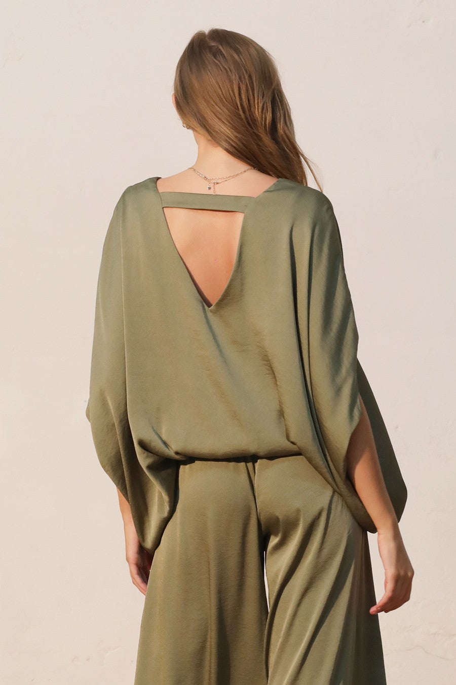 Washed Poly Silk Caftan Top with Back Band Olive