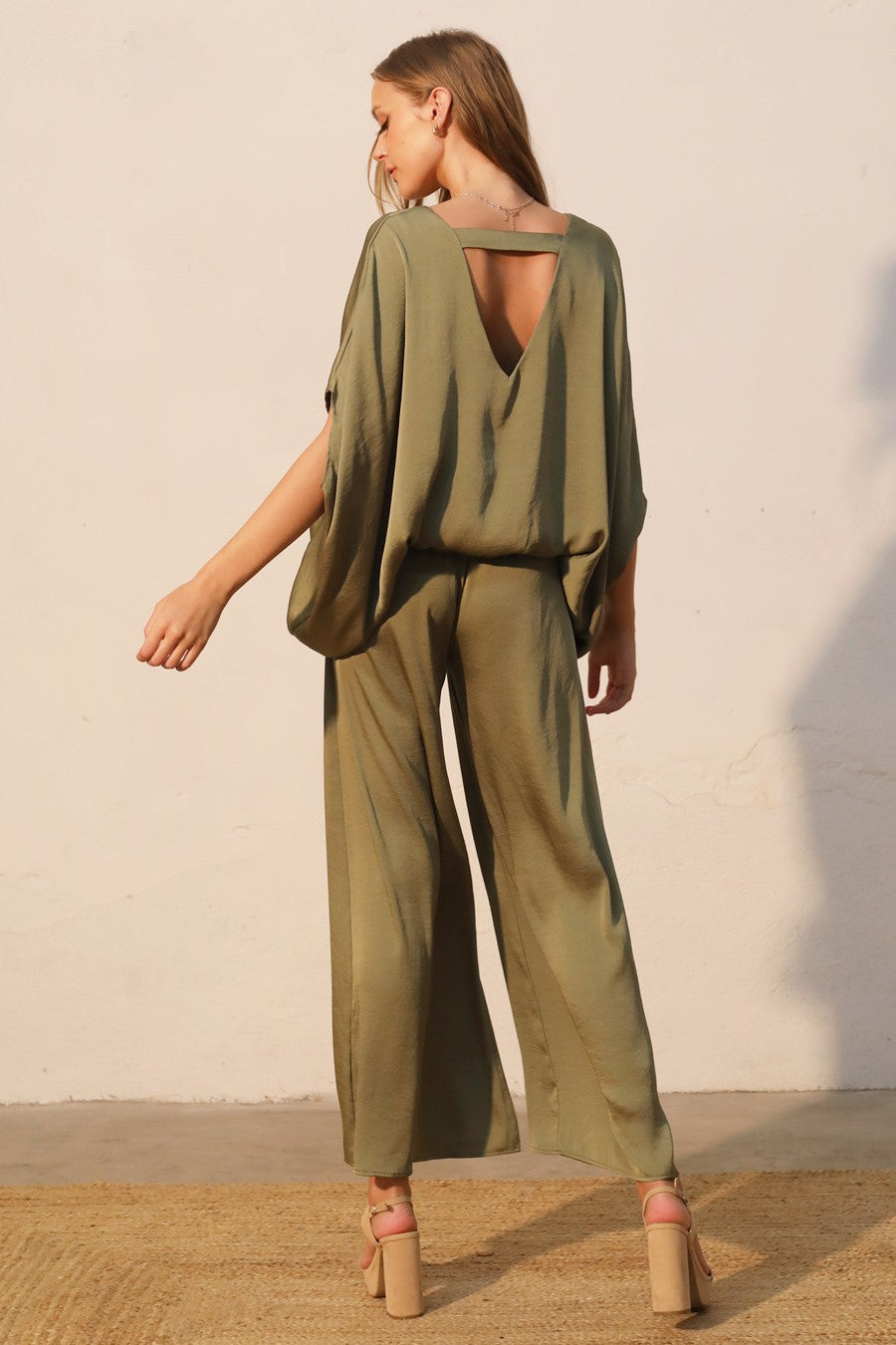 Washed Poly Silk Caftan Top with Back Band Olive