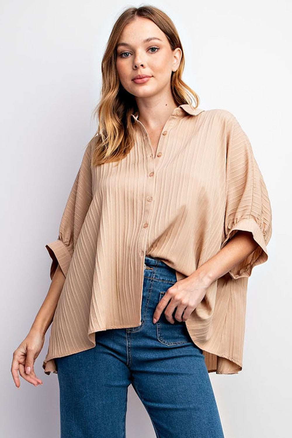 Button Textured Top Taupe