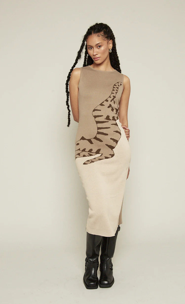 Tiger Doodle Knit Midi Dress Beige