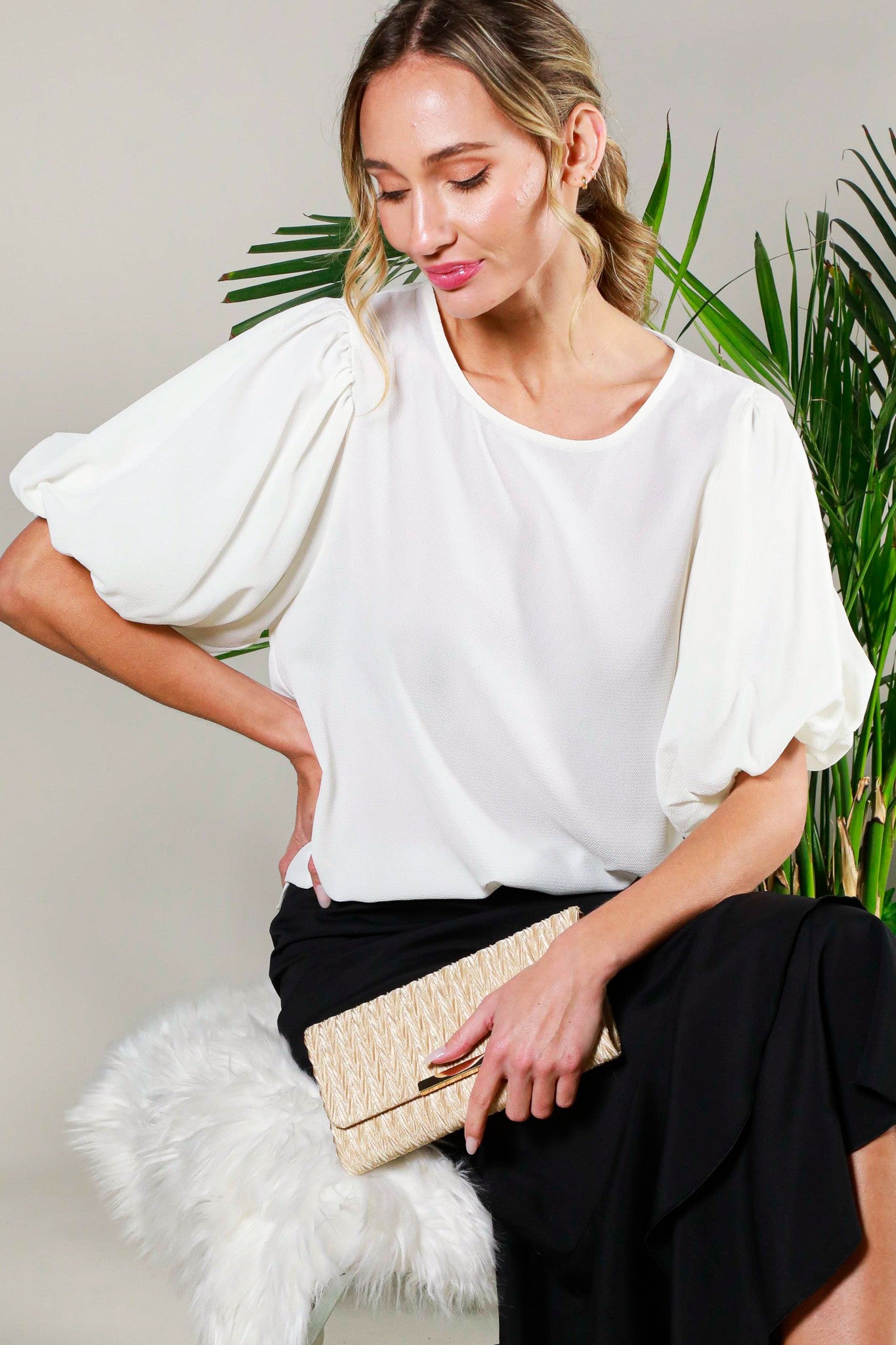 Bubble Sleeve Woven Top Off White