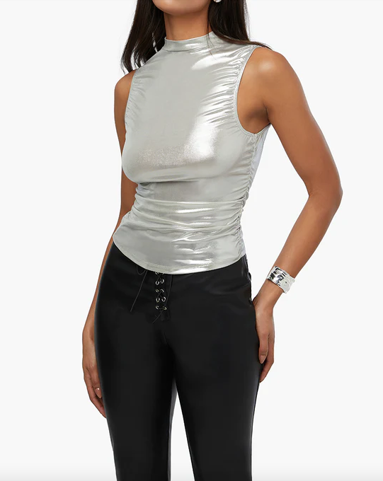 Ruched Turtleneck Top Silver