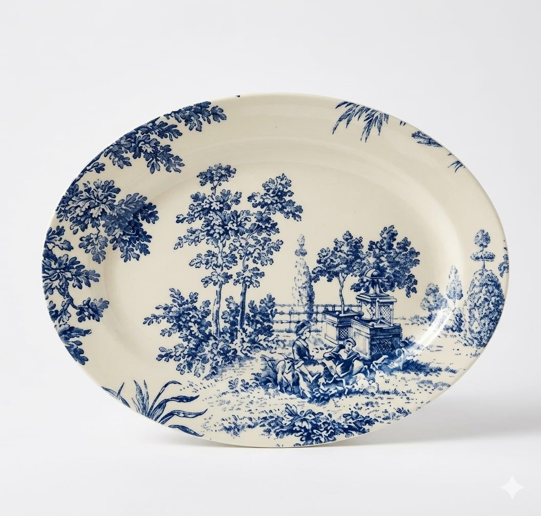 Toile Platter Oval White  Blue