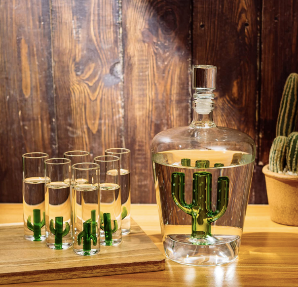 Decanter and 6 Cactus Shot Glasses Set