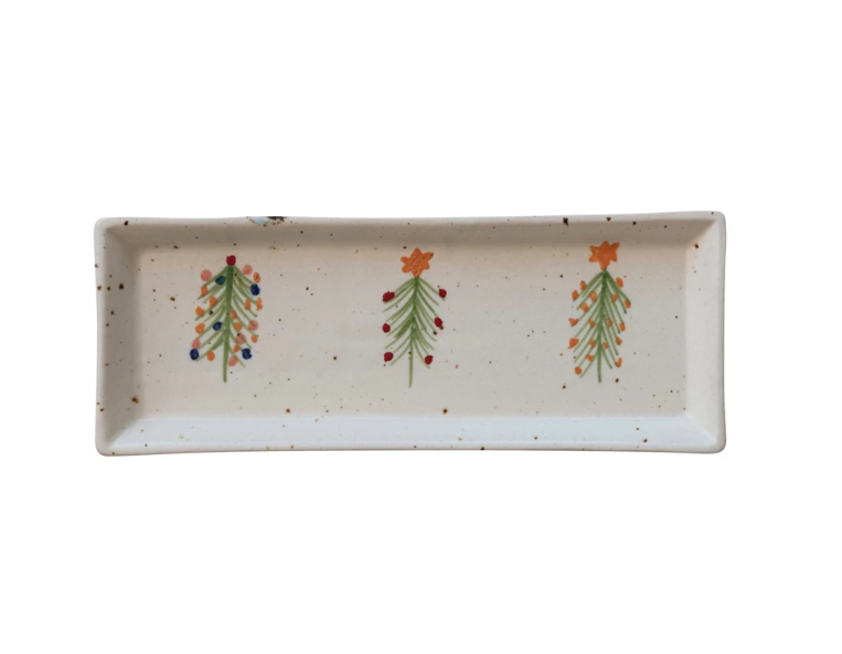 Hand Painted Stoneware Platter w Christmas Trees