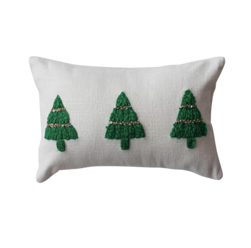 Cotton Slub Lumbar Pillow Embroidered Christmas Trees Beads