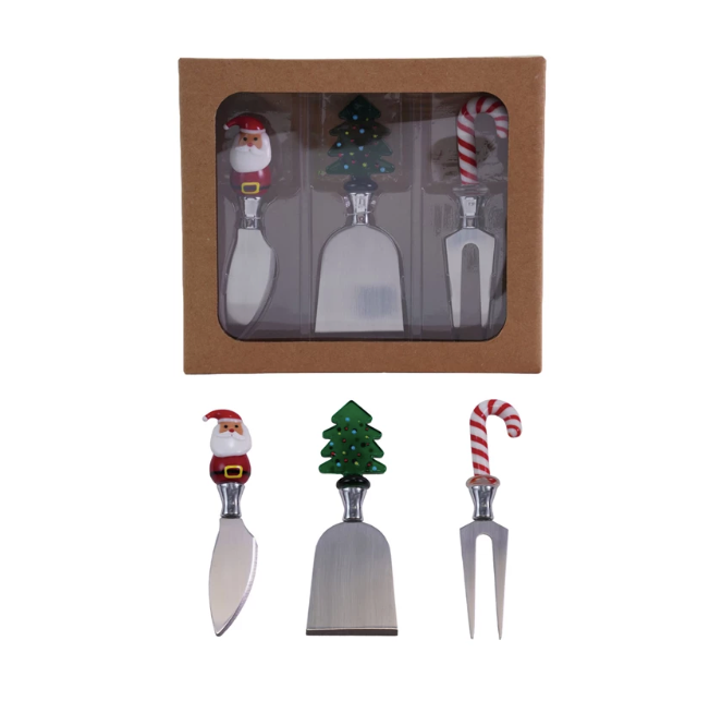 Cheese Knives with Hand Blown Glass Holiday Icon Handle
