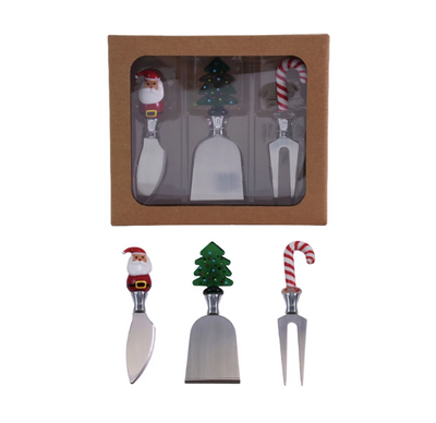 Cheese Knives with Hand Blown Glass Holiday Icon Handle