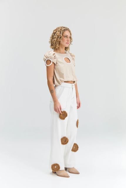 Polka Dot Jean Pant Ivory Mochalatte