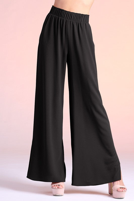 Textured Solid Side Slit Wide Leg Pants