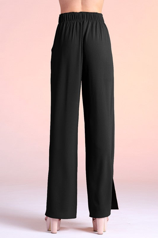 Textured Solid Side Slit Wide Leg Pants