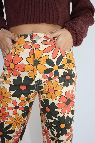 Floral Printed Cotton Jean Pants