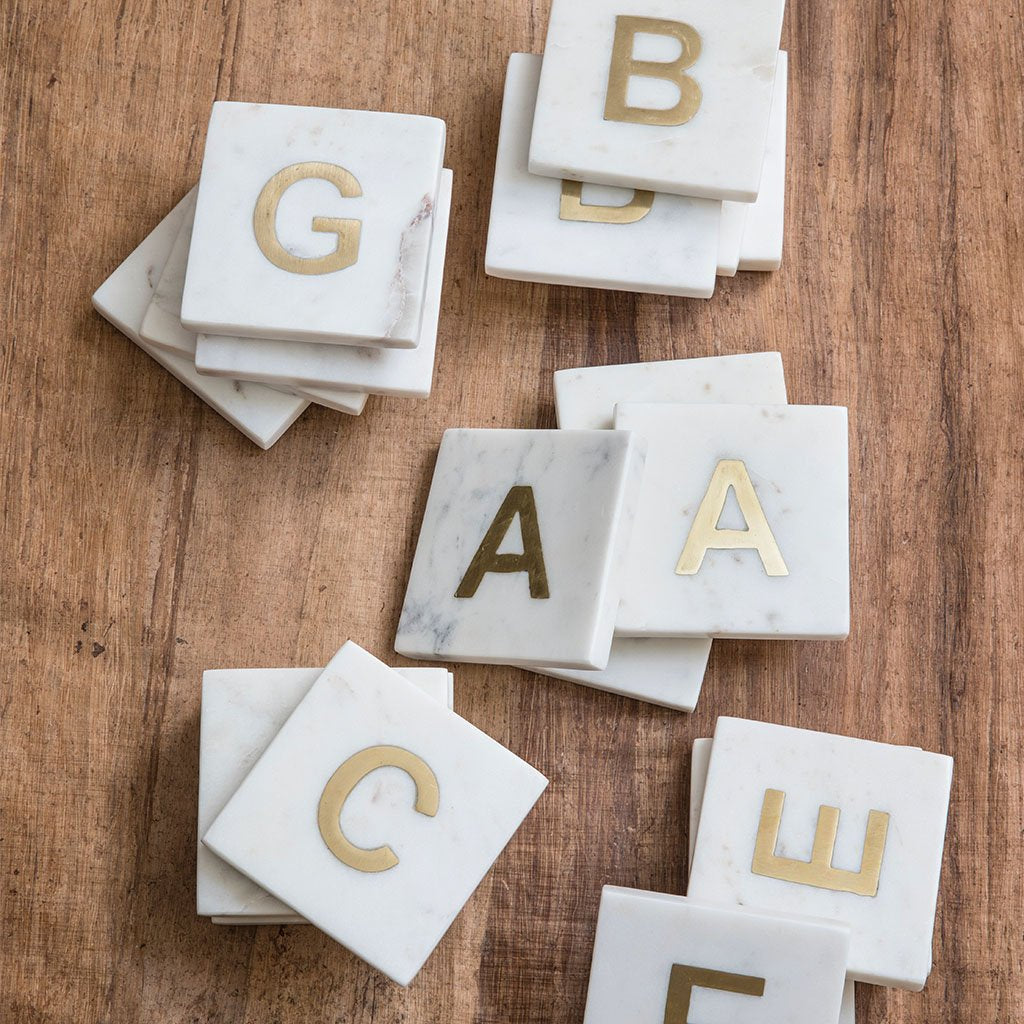White Marble Gold Monogram Coasters
