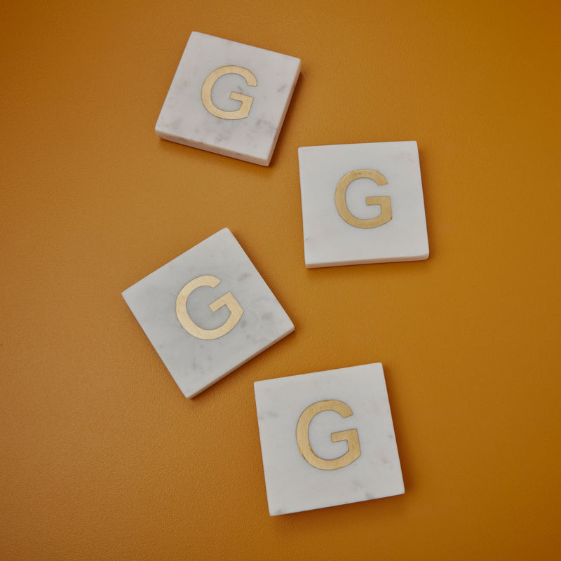 White Marble Gold Monogram Coasters