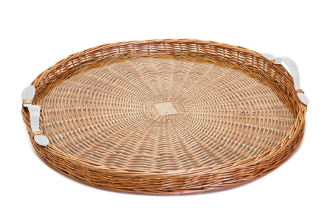 Round Wicker Tray White  W/Handles