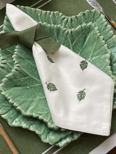 Napkin Off White Green Small Leaves