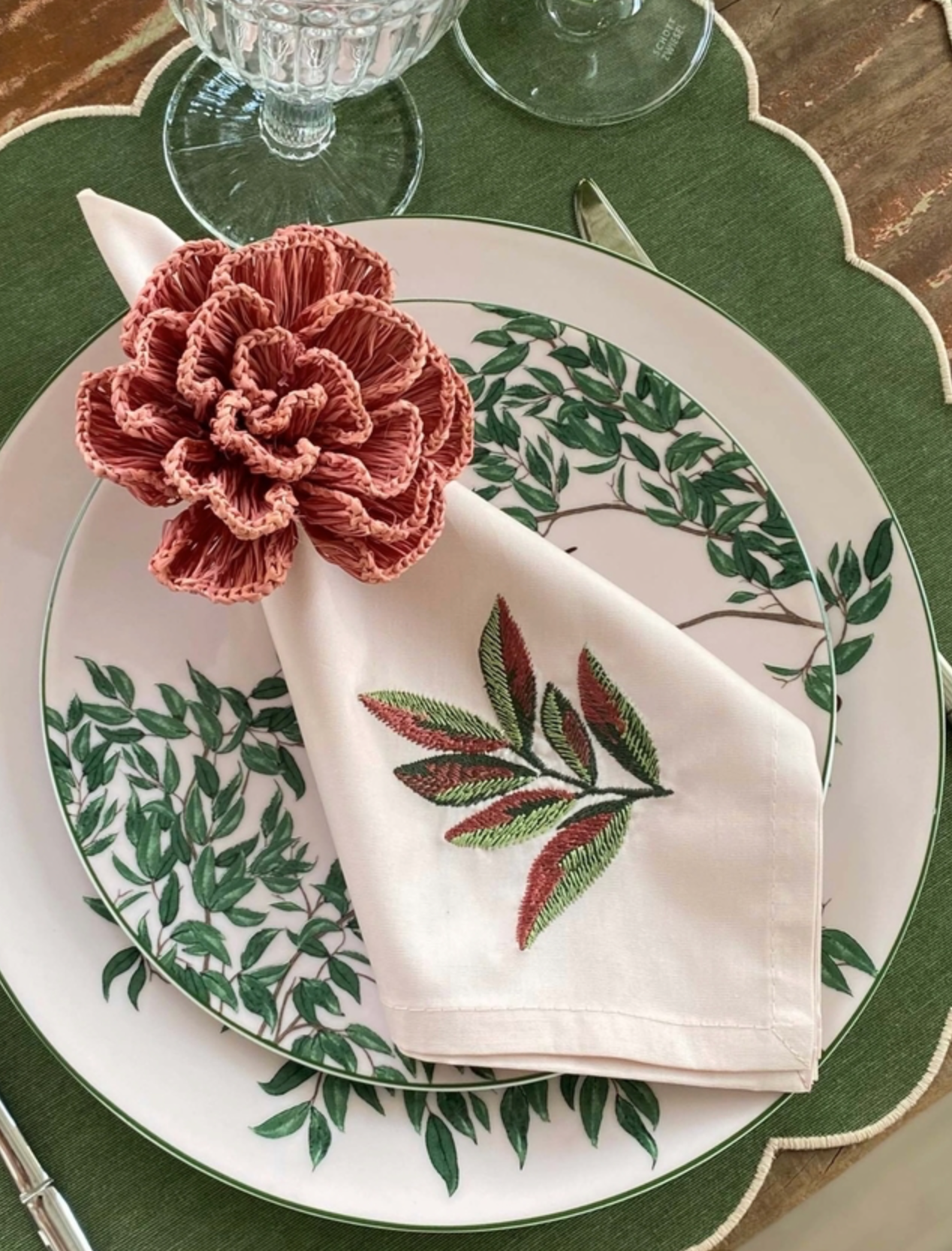 Light Pink Napkin with Burgundy and Green Foliage embroidery