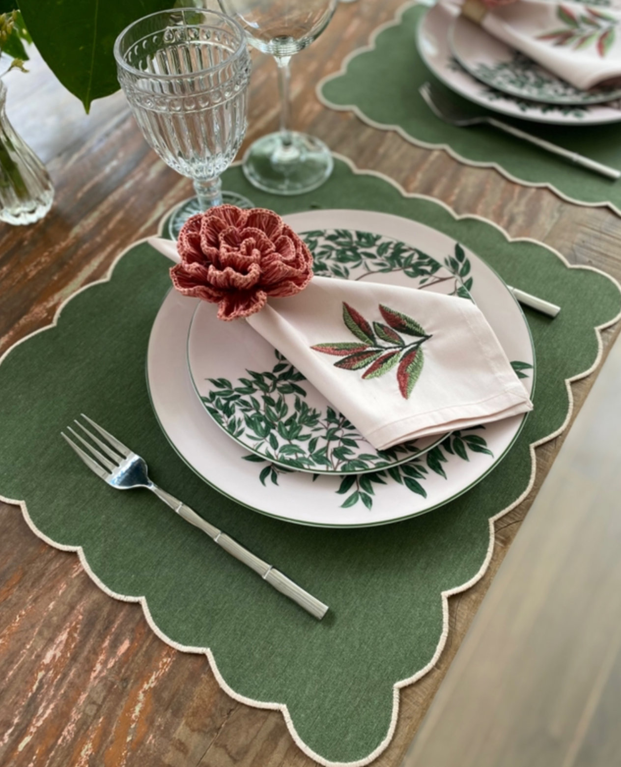 Light Pink Napkin with Burgundy and Green Foliage embroidery