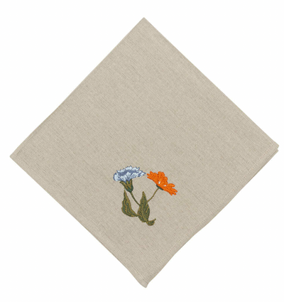Linen Napkin Beige Orange and Blue Spring Flower
