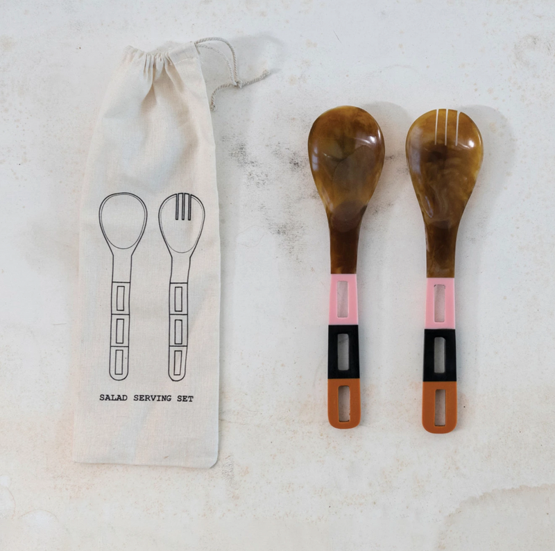 Resin Salad Servers Printed Drawstring Bag Set