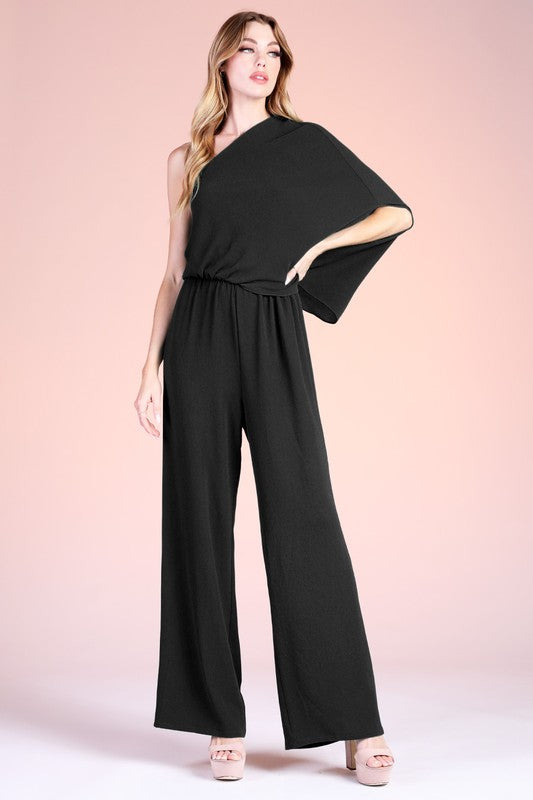 Textured Solid Slouchy  Jumpsuit Black