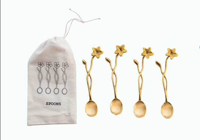 Brass Spoons w Flower Handles Set