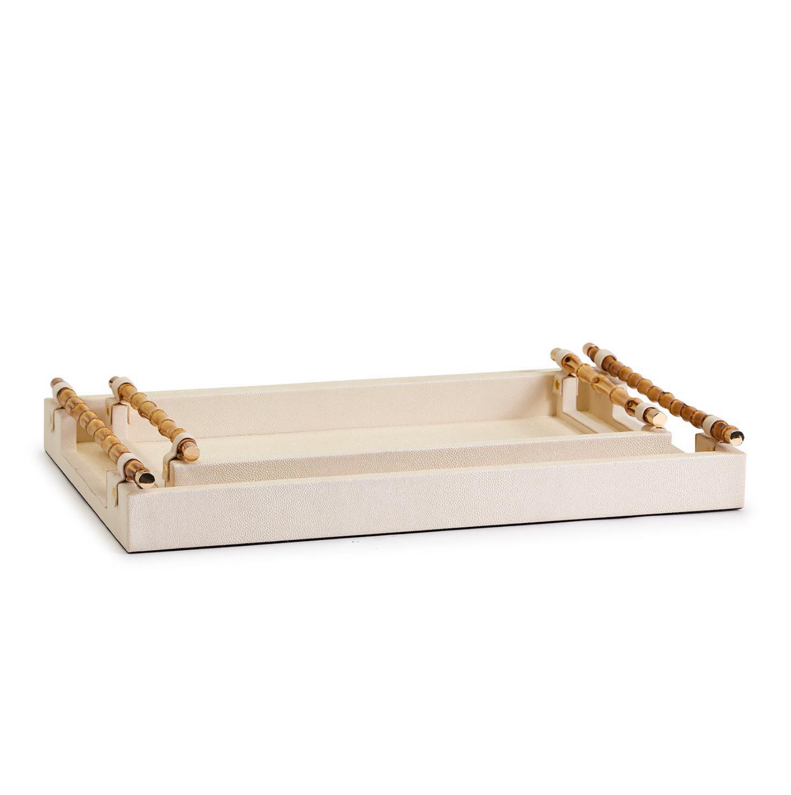 Cream Decorative Rectangle Tray W Bamboo Handle