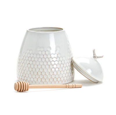 Bee Honeycomb Honey Jar with Lid and Wooden Dipper