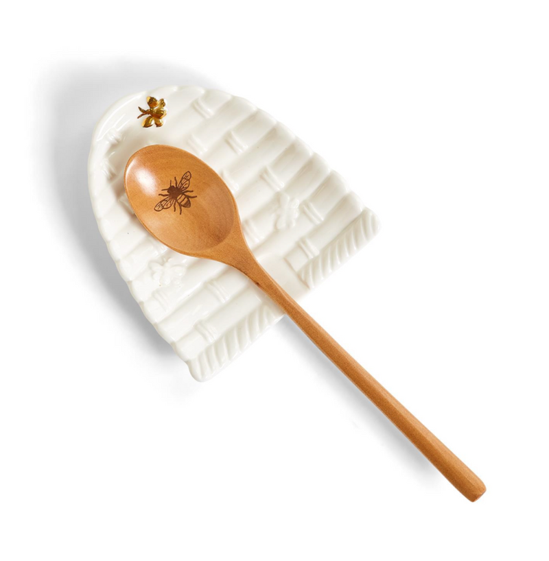 Bee Skep Spoon Rest W/Wooden Spoon