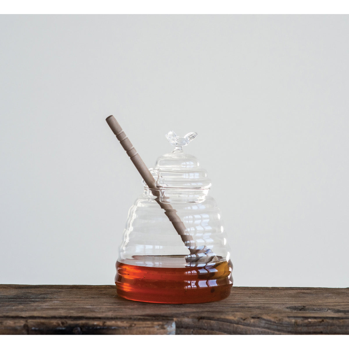S/2 3.75" Rnd x 5"H Glass HoneyJar w/Wood Honey Dipper