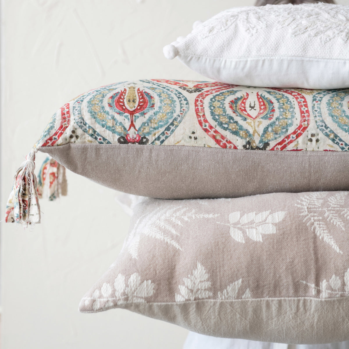 Cotton Pillow w/ Botanical Embroidery