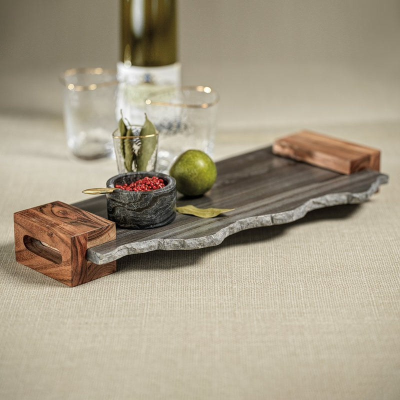 Nairobi Grey Marble Tray Acacia Handles