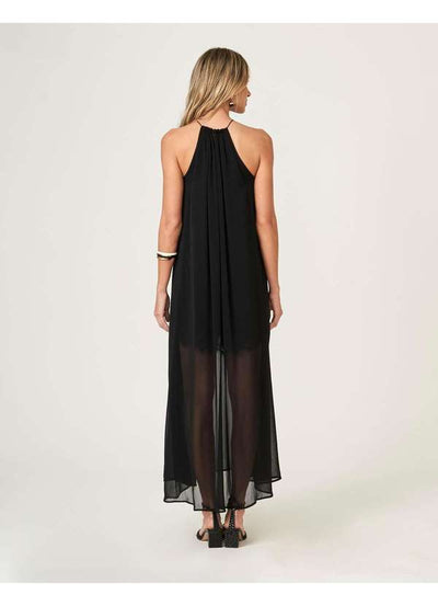 Pleat Neckline Long Dress Black