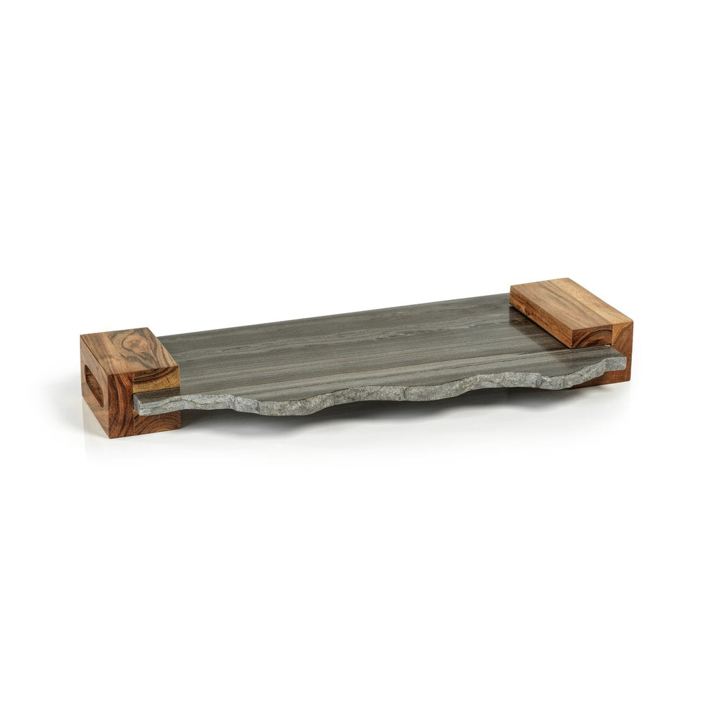 Nairobi Grey Marble Tray Acacia Handles